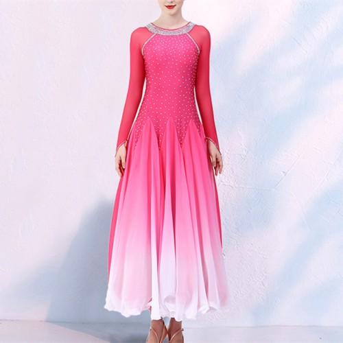 Turquoise fuchsia hot pink gradient competition ballroom dancing dresses with diamond for women girls standard waltz tango foxtrot smooth sparkle long gown